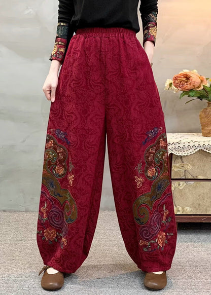 Style Red Linen Harem Pants Embroidered Spring