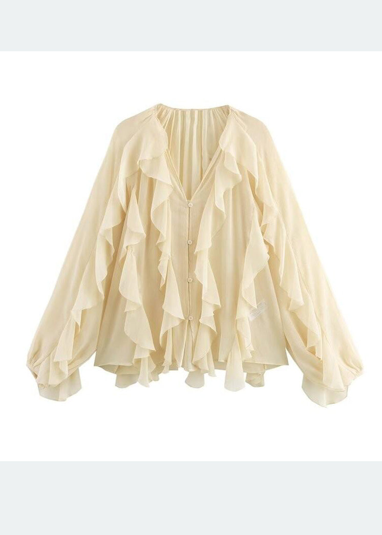 Light Yellow Ruffles Chiffon Upf 50+ Shirt Summer