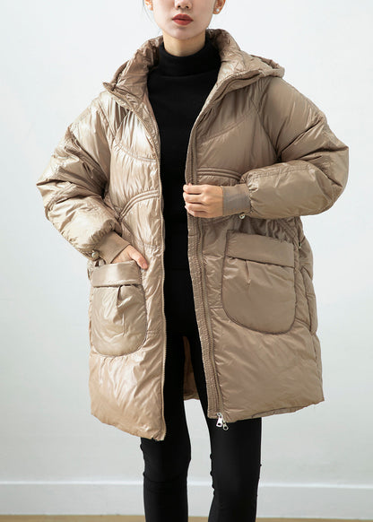 Khaki Hooded Pockets Fine Cotton Filled Winter Coats Winter
