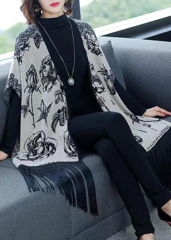 Grey V Neck Tasseled Print Patchwork Knit Coats Fall