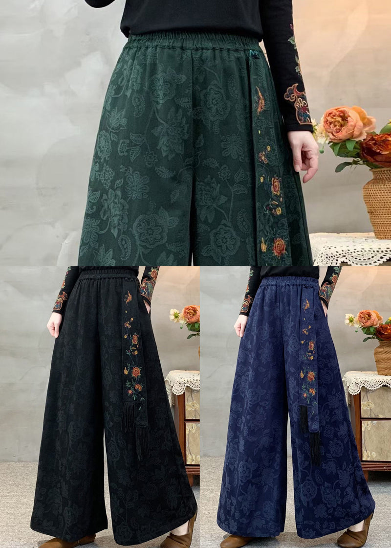 Navy Pockets Jacquard Retro Cotton Pants Embroidered Fall