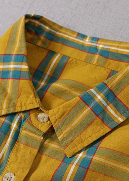 Yellow Green Plaid Pockets Buttontie Waist Fall Wrinkled Maxi Dress Long Sleeve