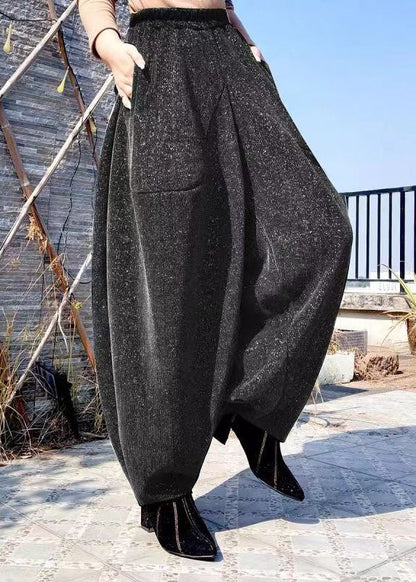 Black Pockets High Waist Cotton Lantern Pants Spring