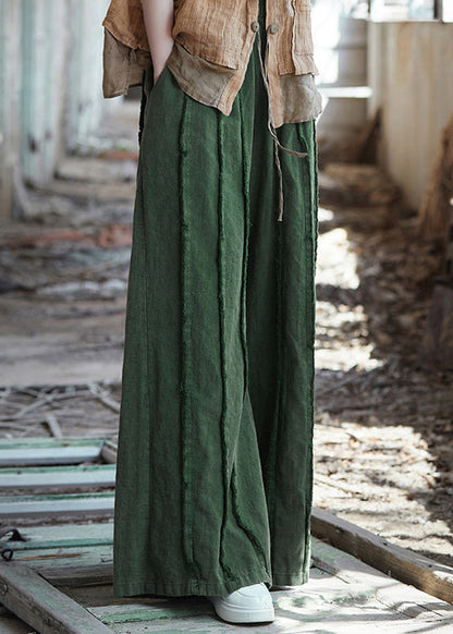 Green Pockets Elastic Waist Linen Pants Summer
