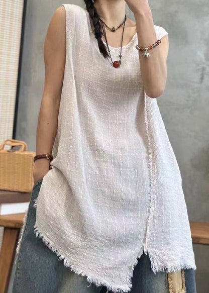 Light Khaki Asymmetrical Linen Waistcoat Sleeveless