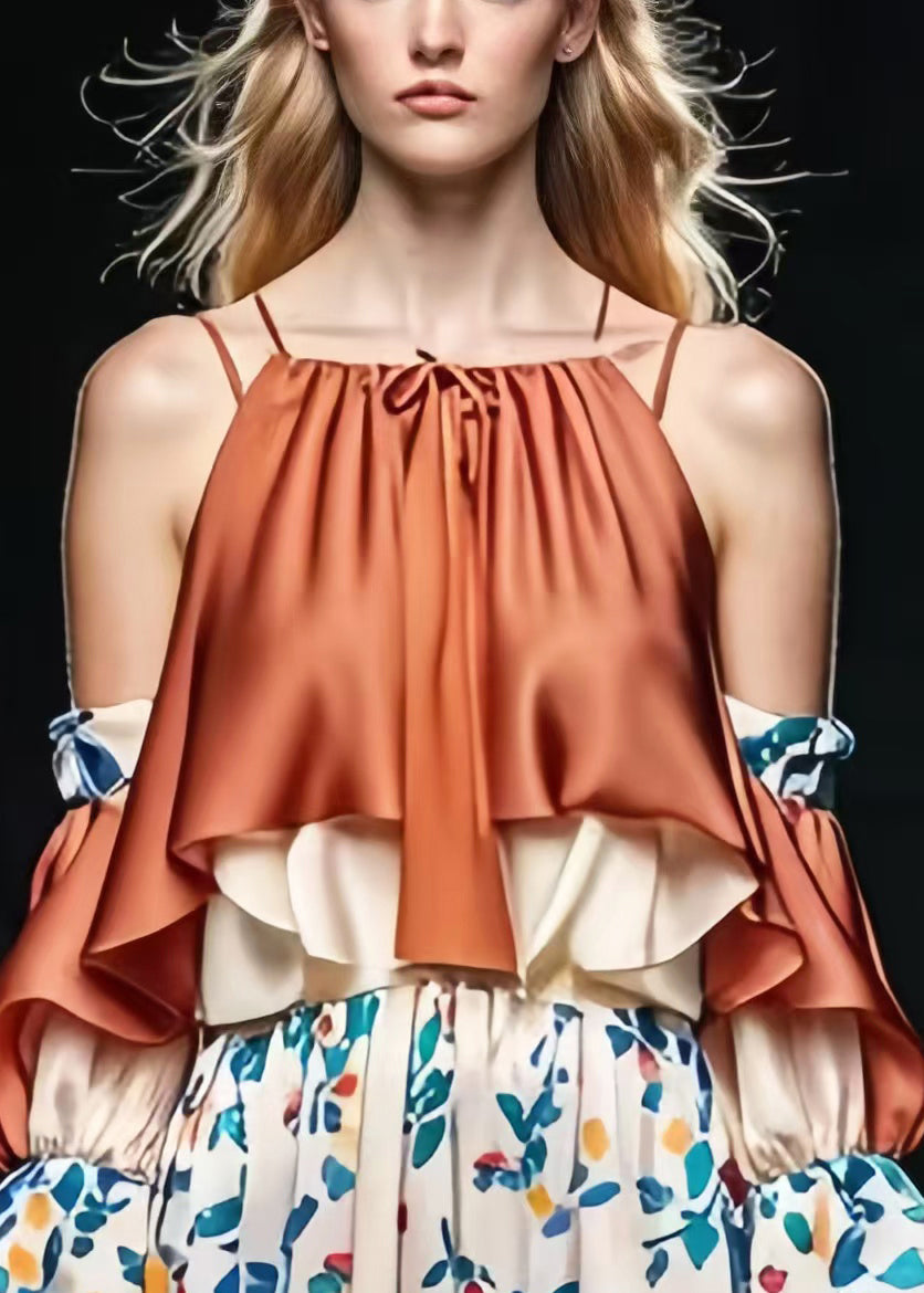 Brown Cold Shoulder Patchwork Print Silk Dresses Spring