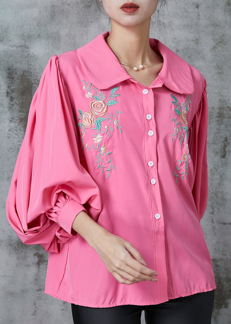 Rose Embroidered Cotton Shirt Tops Lantern Sleeve