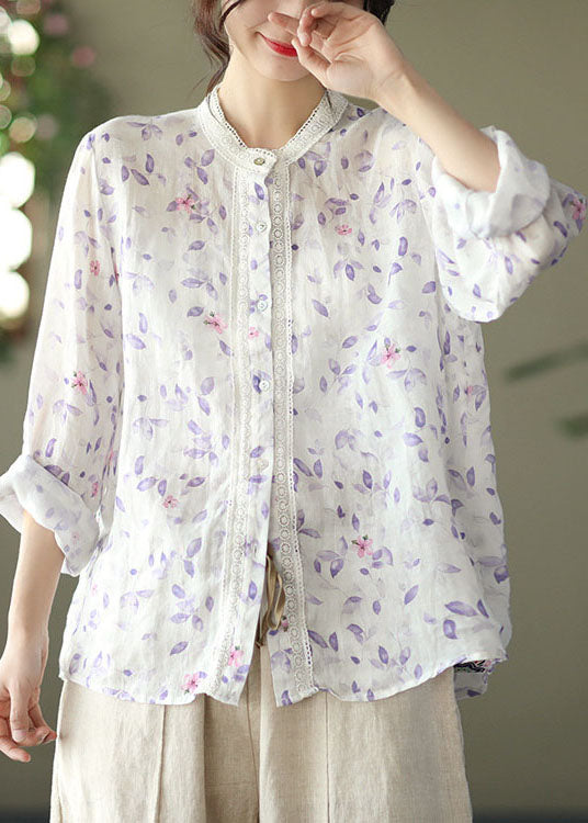 White Lace Patchwork Print Ramie Blouses Long Sleeve