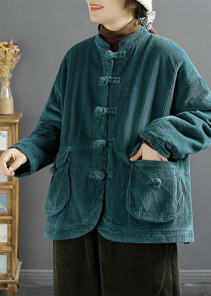 Brown Chinese Button Pockets Corduroy Coats Spring