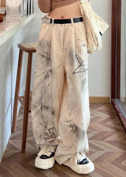 Beige High Waist Pockets Tie Dye Denim Straight Pants Fall