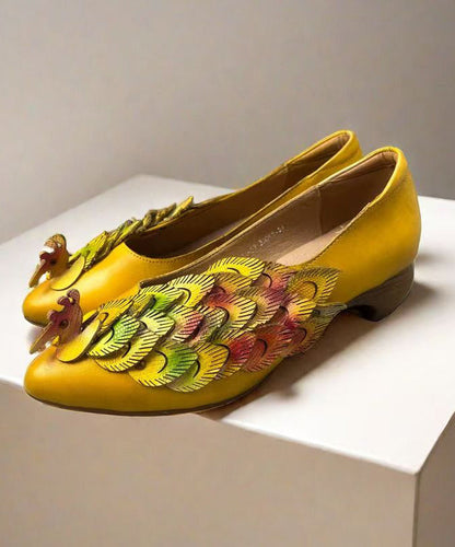 New Retro Style Yellow Pointed Toe Cowhide Leather Shoes