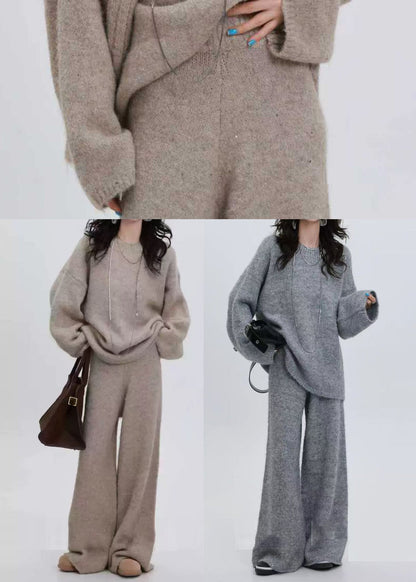 Grey Sequins Thick Knit Two Pieces Set Winter