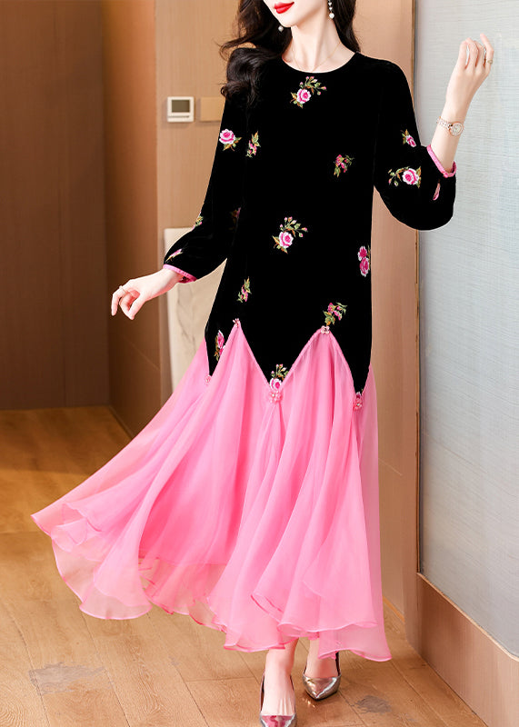 Black Embroidered Patchwork Silk Velour Long Dress Spring