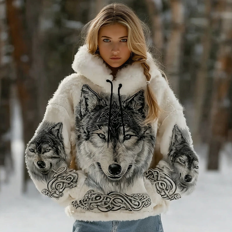 Comstylish Women's Vintage Viking Celtic Wolf Art Plush Cozy Hoodie