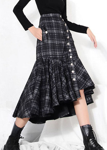 Black Low High Design Ruffles Plaid Skirt Spring