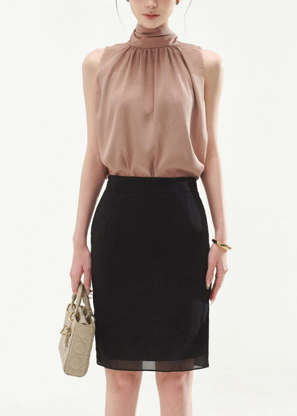 Loose Rubber Powder Bow Tops and Side Open Black Skirts Two Piece Set Sleeveless