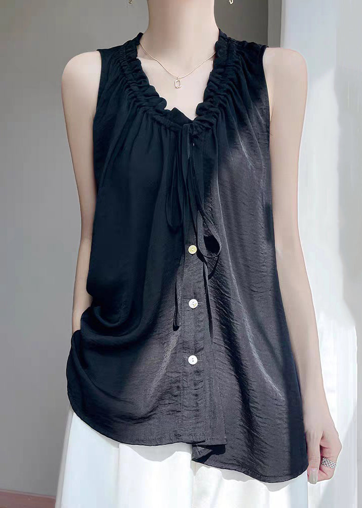 Black V Neck Ruffled Button Cotton Blouse Summer