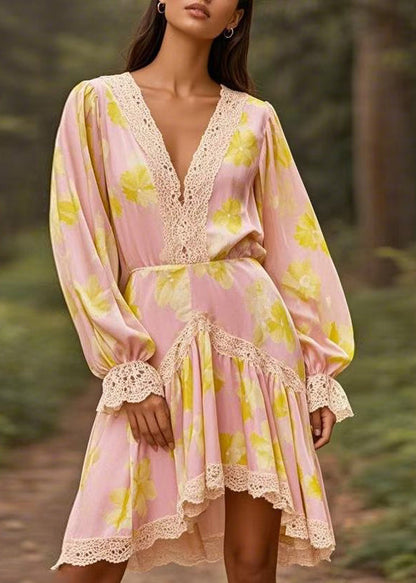 Pink V Neck Lace Wrinkled Patchwork Chiffon Mid Dress Spring