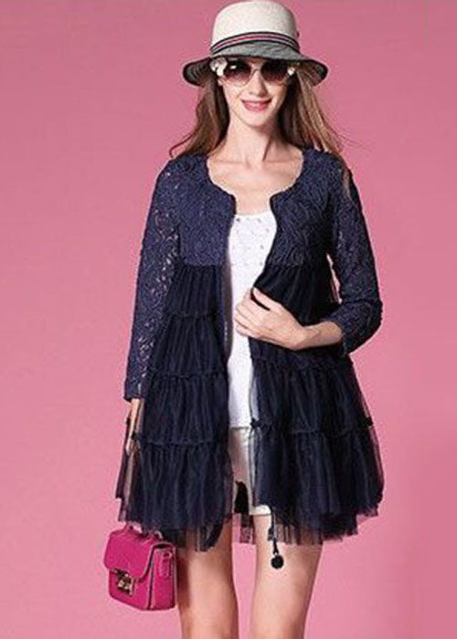 French Navy O-neck Lace Patchwork Hollow Out Tulle Coat Bracelet Sleeve
