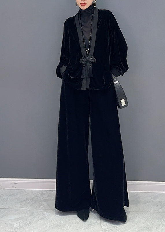 French Black V Neck Patchwork Button Silk Velour Coats and Wide Leg Pants Two Pieces Set Fall