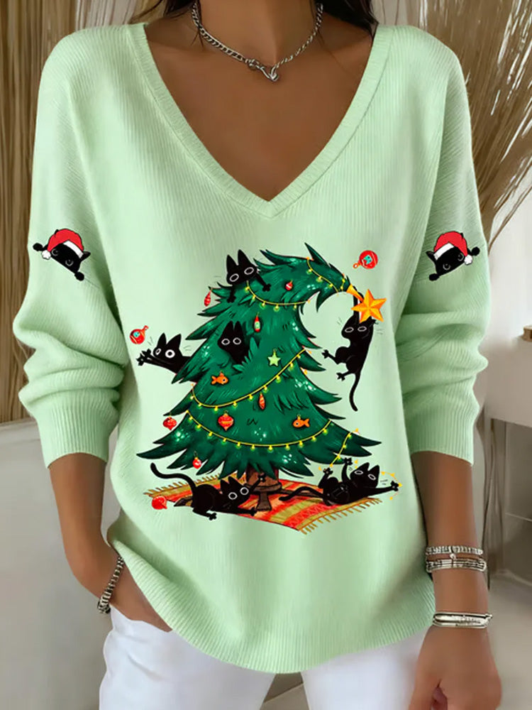 Comstylish Women's Christmas Funny Cat Printed Tops