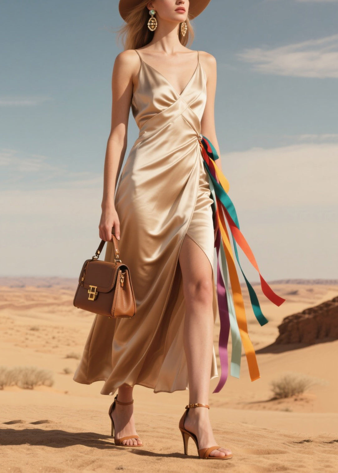 Coffee Side Open Multicolour Ribbon Silk Sundress Summer