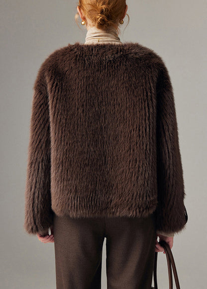 Chocolate O Neck Button Leather and Fur Coats Winter