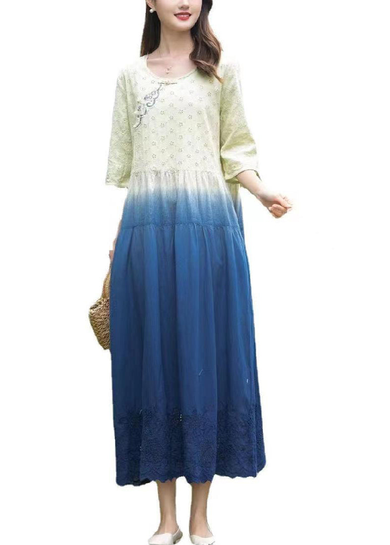 Gradient Color Blue O-neck Patchwork Tie Dye Long Dress Summer