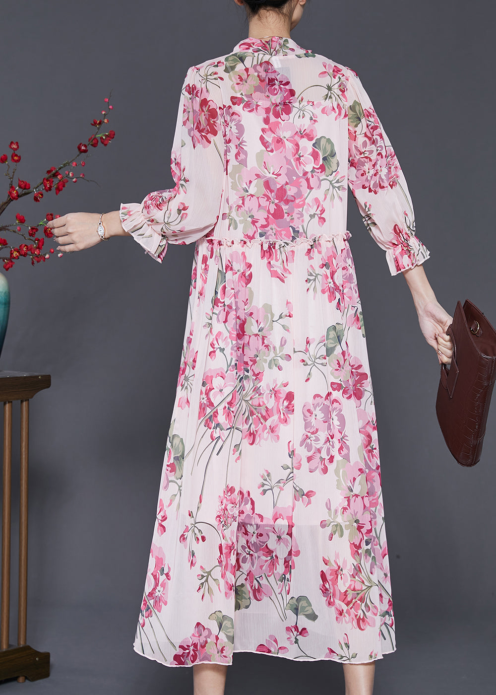 Pink Ruffled Print Chiffon Dress Spring
