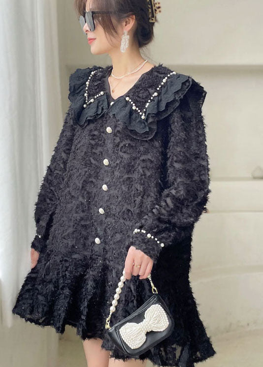 Black Peter Pan Collar Ruffled Mini Dresses Spring