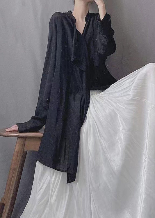 Loose Black Asymmetrical Silk Cotton Blouses Spring