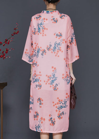 Pink Print Oriental Linen Holiday Dress Summer