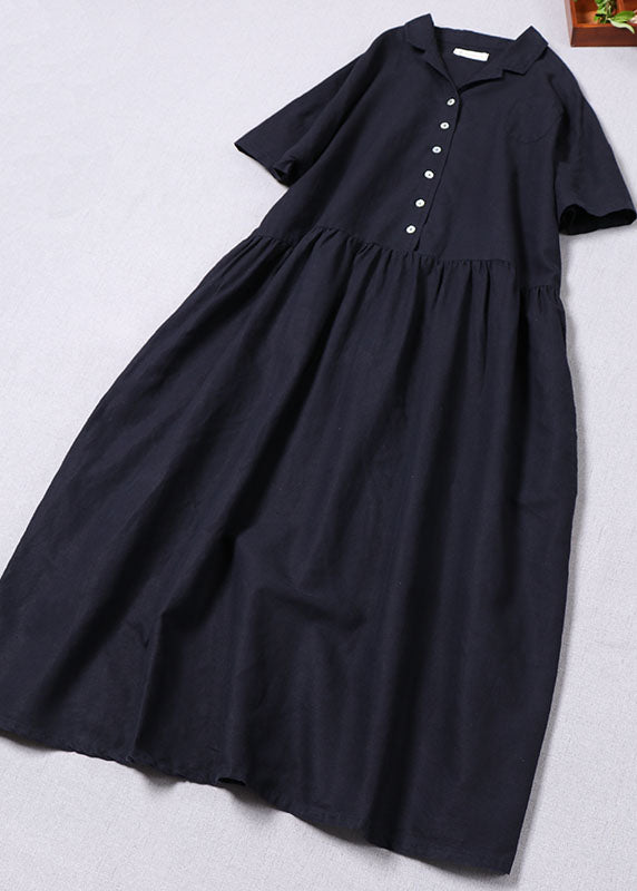 Navy Button Wrinkled Dresses Spring