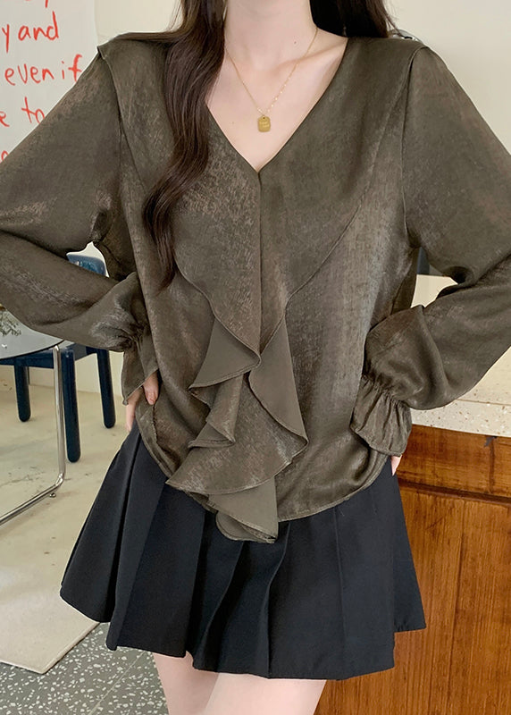 Tea Green V Neck Ruffles Chiffon Tops Fall
