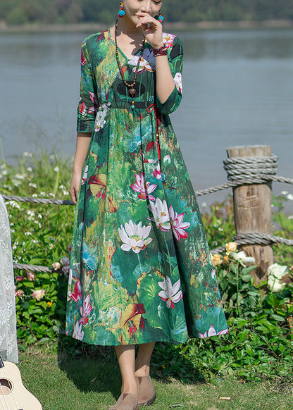 Green V Neck Print Elastic Waist Maxi Dresses Spring