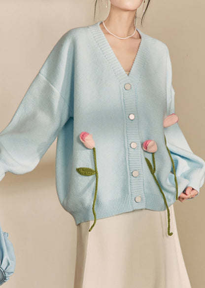 Loose Cozy Blue V Neck Knit Cardigan Fall