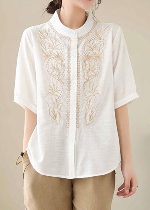 White Patchwork Cotton Blouses Stand Collar Summer