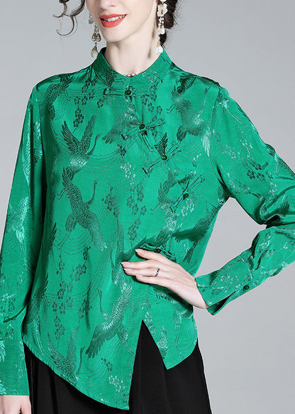 Green Stand Collar Button Jacquard Silk Shirt Spring