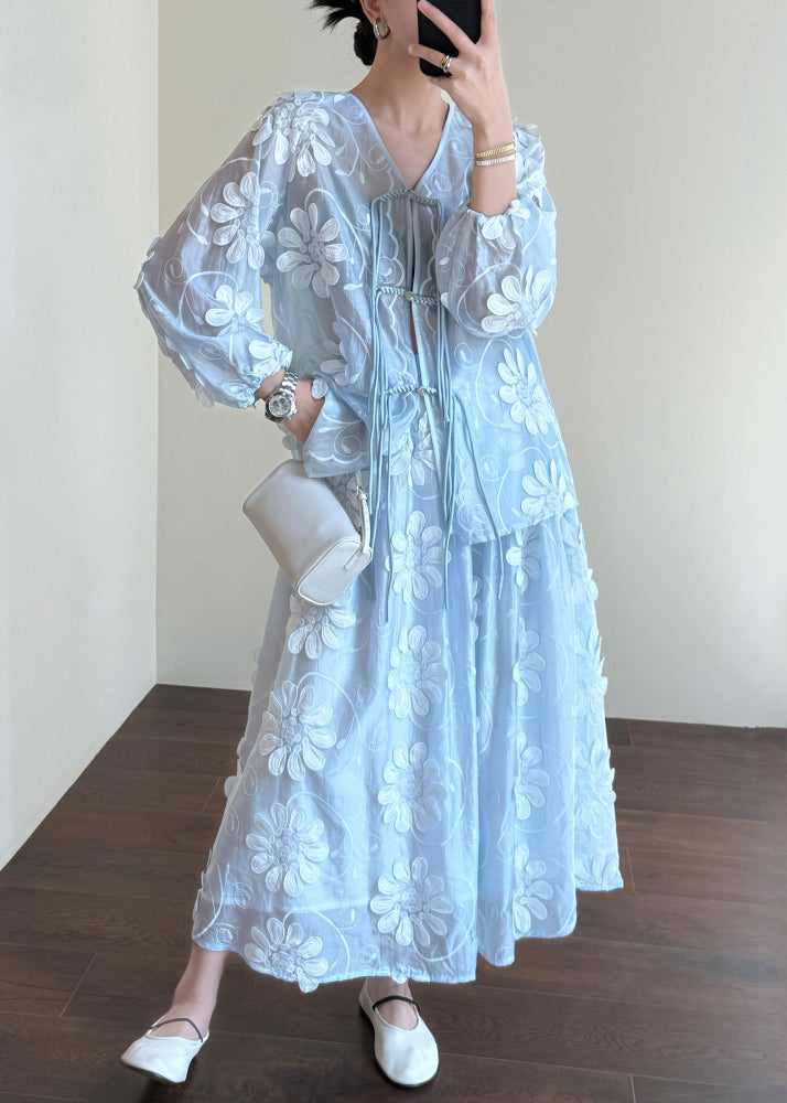 Blue Chinese Button Shirts and Skirts Silk Two-piece Set Fall