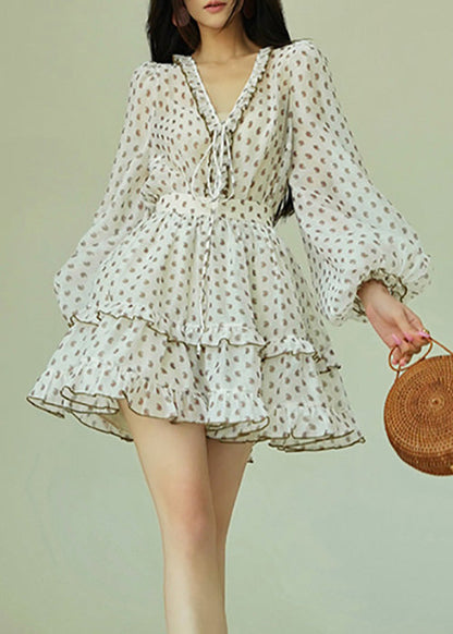 White Ruffled Print Shirts and Skirts Chiffon Two Piece Set Fall