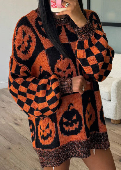 Orange O Neck Jacquard Thick Knitted Sweaters Fall