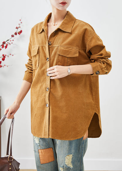 Yellow Oversized Pockets Corduroy Coats Fall