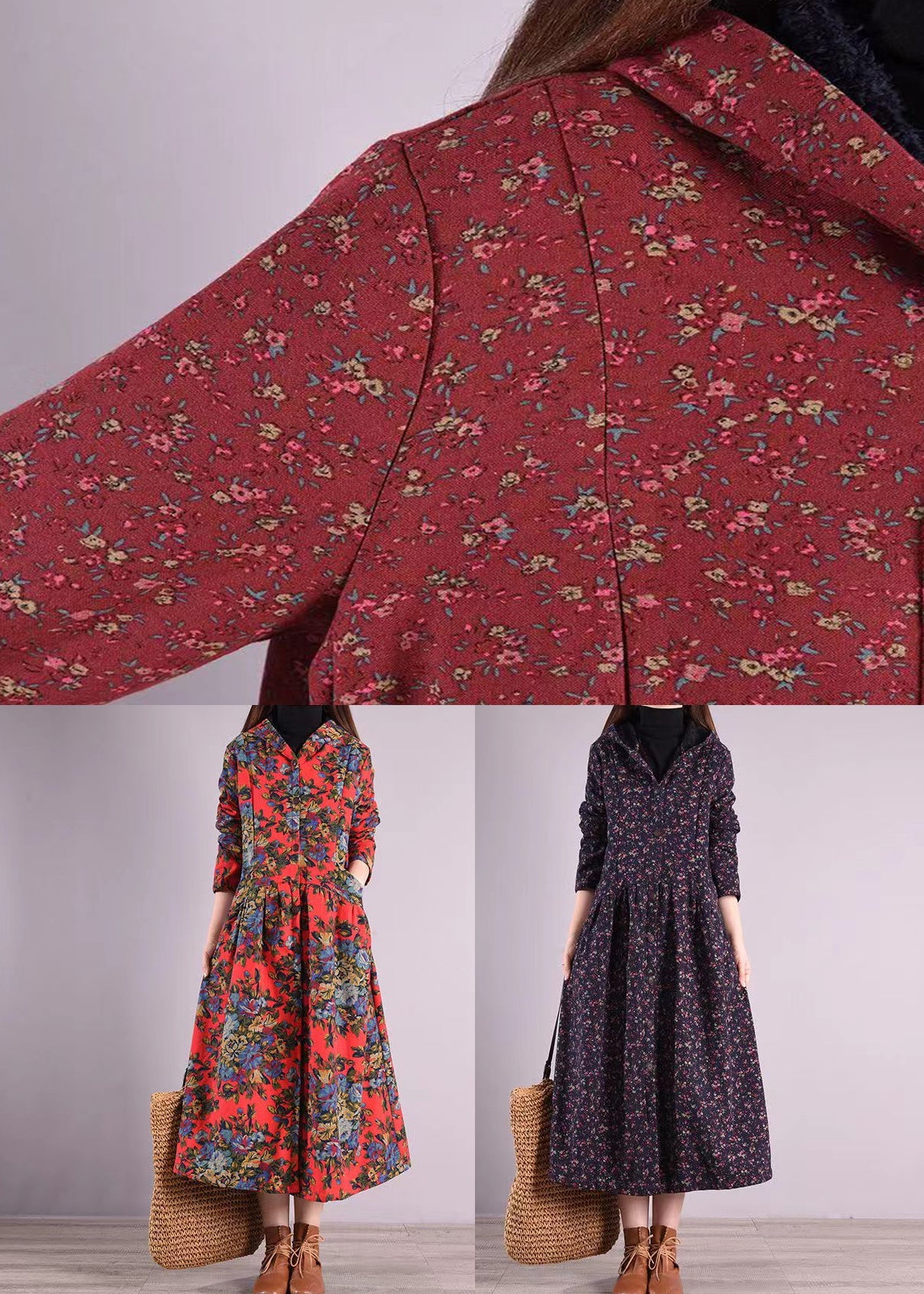 Brick Red Hooded Patchwork Warm Fleece Coats Winter