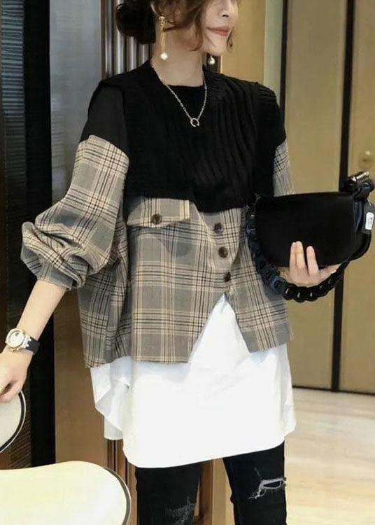 Black Knit Patchwork Plaid Fall Long Sleeve Shirt