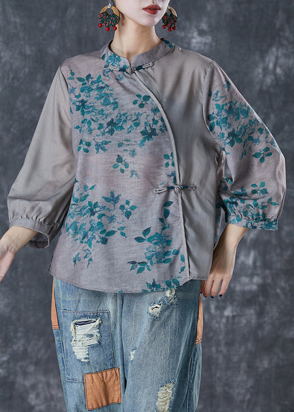 Grey Chinese Style Patchwork Print Linen Blouse Top Fall