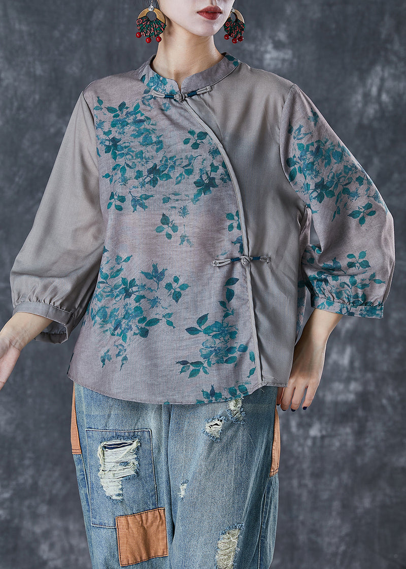 Grey Chinese Style Patchwork Print Linen Blouse Top Fall