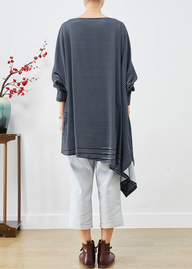 Black Asymmetrical Striped Cotton Blouses Fall