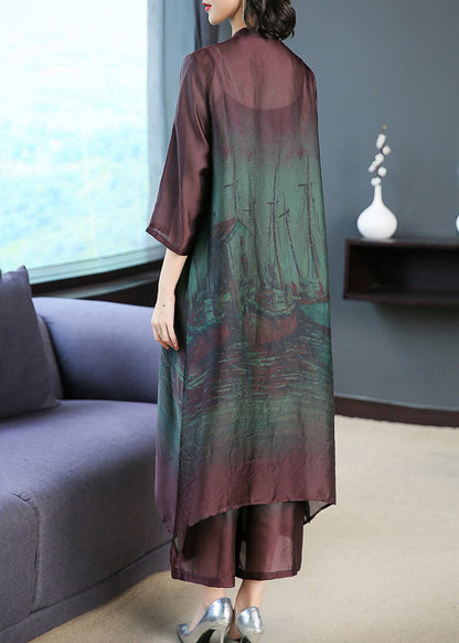 Green Thin Silk Shirt Dress and Wide Leg Pants Two Pieces Set Pockets Summer