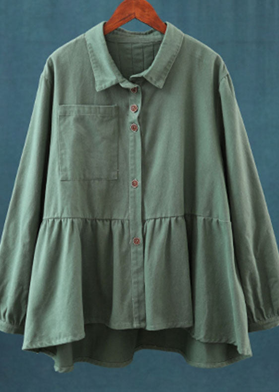 Art Green Peterpan Collar Button Pockets Fall Patchwork Shirts Long Sleeve