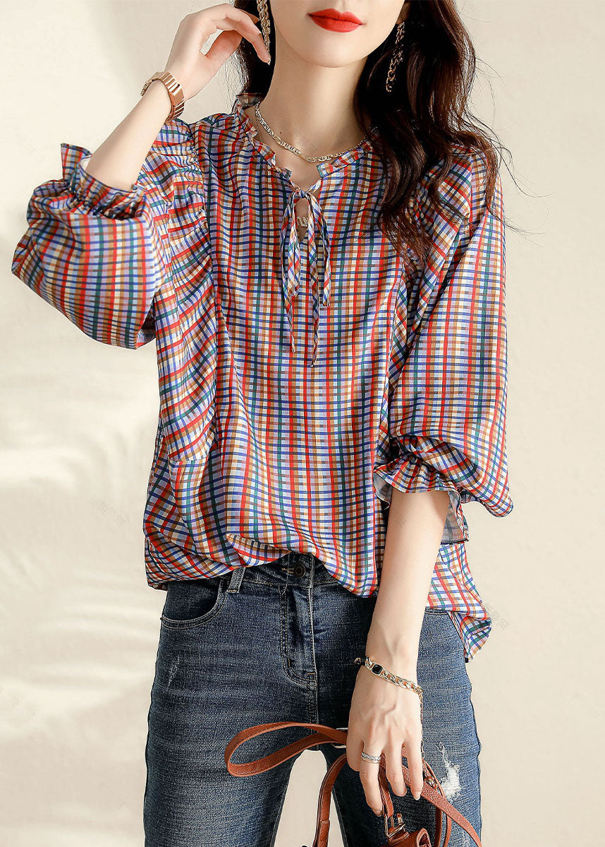 Ruffled Plaid Blouse Tops Spring